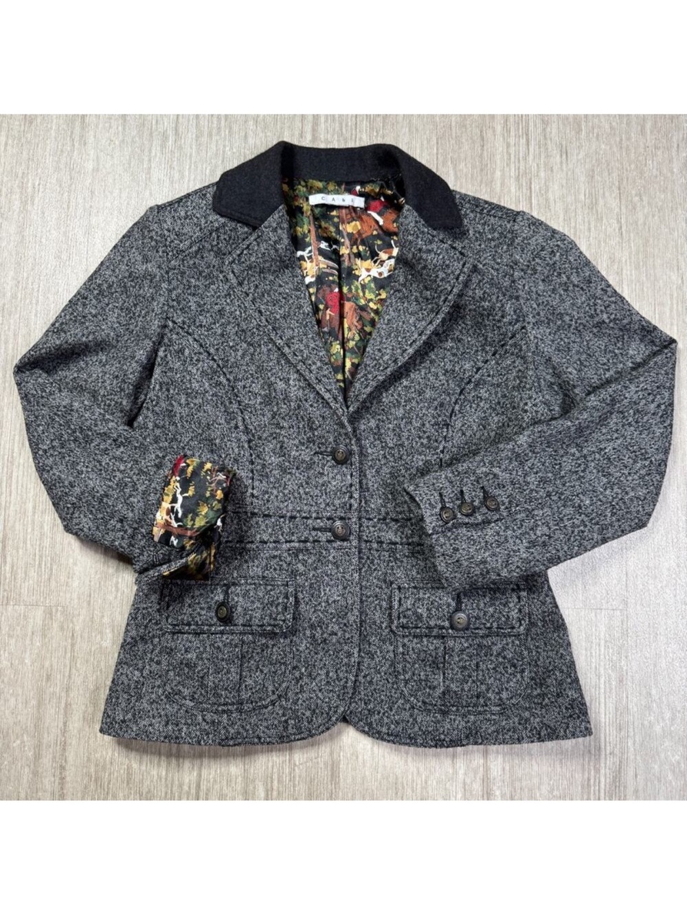 CAbi Fox Hunt Equestrian Tweed Blazer Black Wool jacket 12 women’s academia